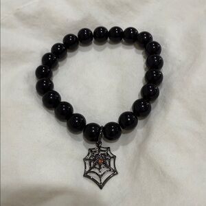 Trick or Treat Charm Stretch Bracelet Black Beads With Spiderweb Charm